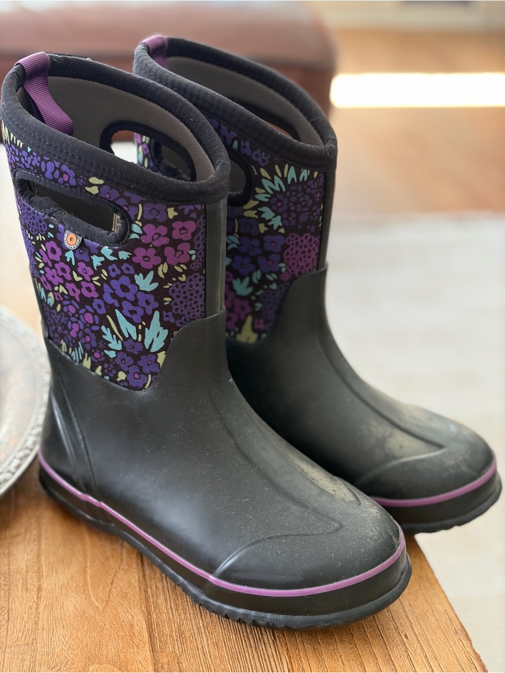 Girls' Bogs Waterproof Rain Boots with Purple Floral Trim